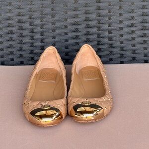 Tory Burch Tan Quilted Ballet Flats with Gold Accents